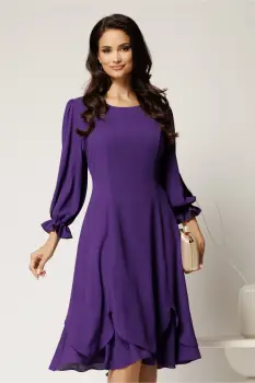 Rochie midi mov din voal cu croi in clini si volane la baza imagine