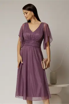Rochie midi mov din voal cu sclipici si decolteu in V imagine