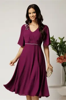 Rochie midi mov din voal in clos cu flori la decolteu- Viada imagine