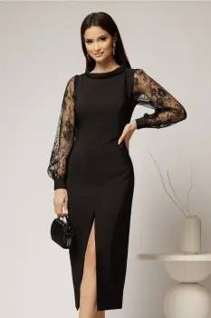 Rochie midi neagra conica cu maneci din dantela si guler barcuta imagine