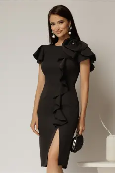 Rochie midi neagra conica cu volanase si floare ampla pe umar imagine