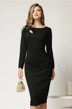Rochie midi neagra conica din lurex cu decupaj si floare la bust imagine