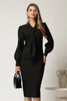 Rochie midi neagra conica din stofa cu guler tip esarfa imagine