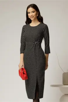 Rochie midi neagra cu buline albe si detaliu pe talie imagine