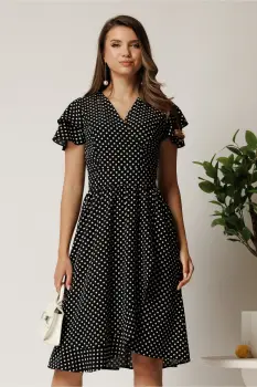 Rochie midi neagra cu buline din triplu voal in clos cu volane la maneci imagine
