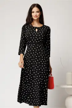 Rochie midi neagra cu buline din viscoza in clos cu funda si decupaj la decolteu imagine
