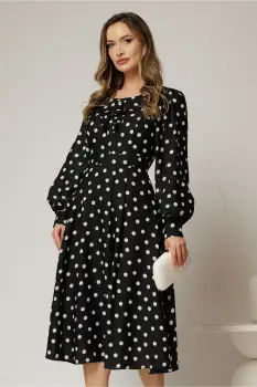 Rochie midi neagra cu buline din voal plin cu volanase la bust imagine