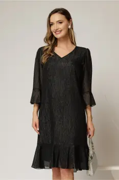 Rochie midi neagra cu fir lurex, croi lejer si volanase la fusta imagine