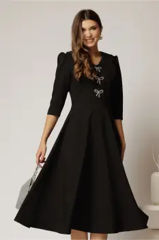 Rochie midi neagra cu guler dublu si funde argintii imagine