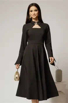 Rochie midi neagra cu guler tip camasa si decupaj la decolteu imagine