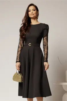 Rochie midi neagra cu maneci din dantela si cordon detasabil imagine
