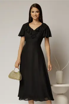 Rochie midi neagra cu sidef cu decolteu V si volanase la bust imagine
