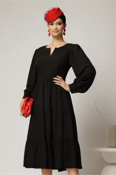 Rochie midi neagra cu volan la fusta si decolteu discret in V imagine