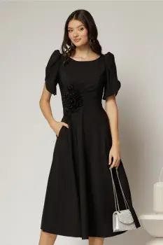 Rochie midi neagra de ocazie cu aplicatie in talie cu margele si maneci decupate imagine