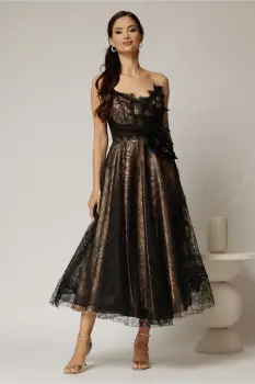 Rochie midi neagra de ocazie din dantela cu brose detasabile in talie imagine
