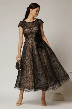 Rochie midi neagra de ocazie din dantela cu paiete si perle imagine