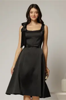 Rochie midi neagra de ocazie din satin cu perle la decolteu imagine