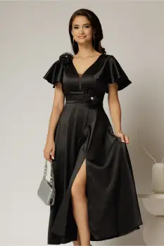 Rochie midi neagra de ocazie din tafta cu maneci evazate si decolteu adanc imagine
