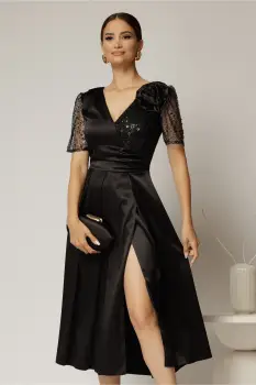 Rochie midi neagra de ocazie din tafta si paiete imagine