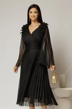 Rochie midi neagra de ocazie din tull cu aplicatii la umeri si decolteu petrecut imagine
