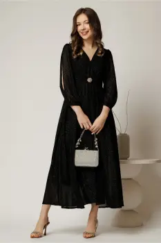 Rochie midi neagra de ocazie din voal cu sclipici imagine