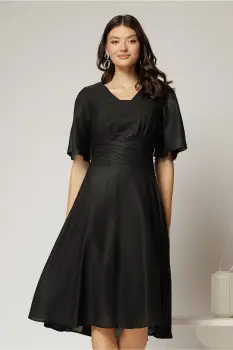 Rochie midi neagra de ocazie din voal cu sidef si decolteu in V imagine
