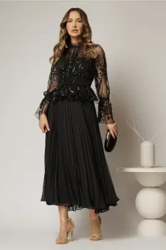 Rochie midi neagra de seara din voal plisat cu perle si paiete imagine