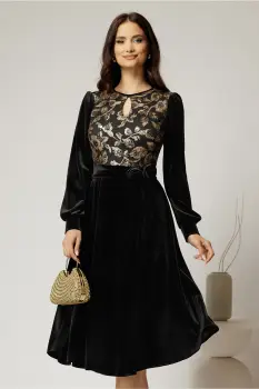 Rochie midi neagra din catifea cu bustul din paiete si cordon detasabil imagine
