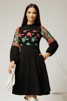 Rochie midi neagra din crep cu broderie la bust imagine