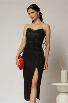 Rochie midi neagra din dantela cu crepeu si detaliu amplu in talie imagine