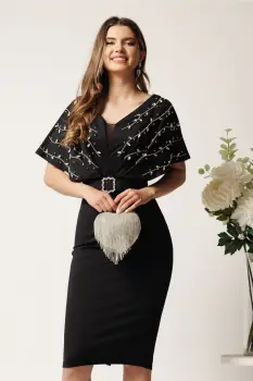 Rochie midi neagra din neopren conica cu strasuri pe bust si curea in talie imagine