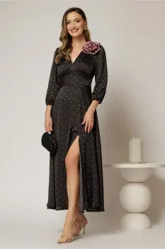 Rochie midi neagra din satin cu buline roz imagine