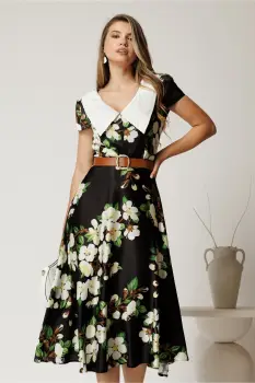 Rochie midi neagra din satin cu imprimeuri florale si curea in talie imagine