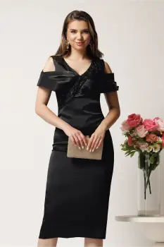 Rochie midi neagra din satin cu paiete la bust si manecute lasate pe umeri- Leonard Collection imagine