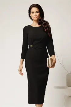 Rochie midi neagra din stofa cu croi cambrat si accesoriu in talie imagine
