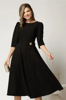 Rochie midi neagra din stofa in clos cu floare in talie imagine