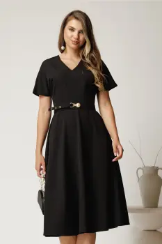 Rochie midi neagra din stofa subtire cu croi clos si curea in talie imagine