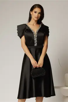Rochie midi neagra din tafta cu aplicatii la decolteu si pliuri la maneci imagine