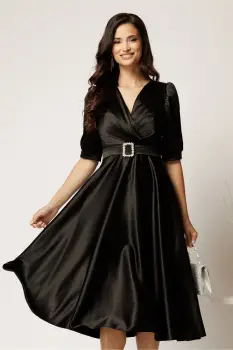 Rochie midi neagra din tafta cu decolteu in V si cordon cu catarama imagine