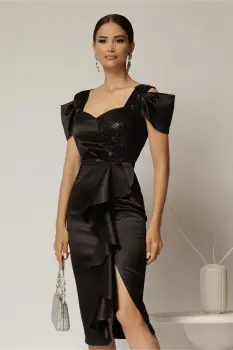 Rochie midi neagra din tafta cu paiete si volanas pe fusta imagine