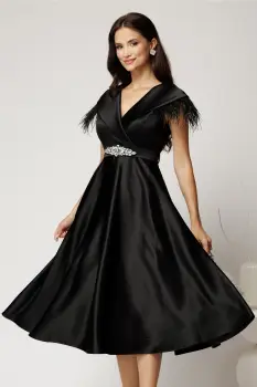 Rochie midi neagra din tafta cu pene la umeri si cordon in talie imagine