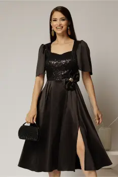 Rochie midi neagra din tafta si paiete cu funda ampla pe talie imagine