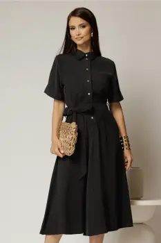 Rochie midi neagra din tencel cu guler tip camasa si maneci scurte imagine