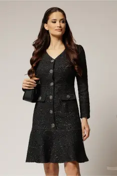 Rochie midi neagra din tweed cu volanas la baza si nasturi imagine