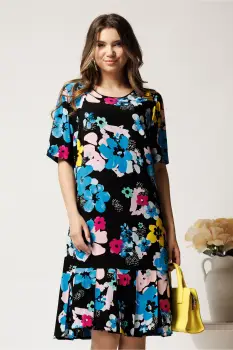 Rochie midi neagra din viscoza cu croi drept si flori albastre imagine