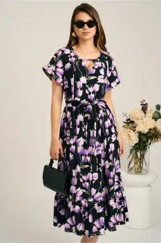 Rochie midi neagra din viscoza in clos cu imprimeu mov si cordon in talie imagine