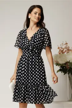 Rochie midi neagra din voal cu buline albe si volane imagine