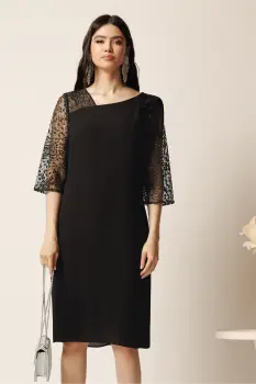 Rochie midi neagra din voal cu croi drept si glitter pe maneci- Viada imagine