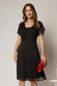 Rochie midi neagra din voal cu fir lurex si maneci scurte petrecute imagine