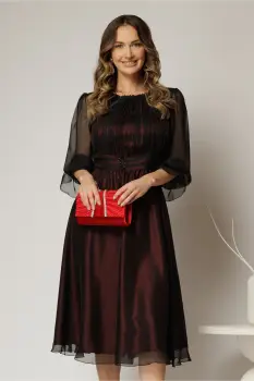 Rochie midi neagra din voal fin cu captuseala rosie in contrast imagine